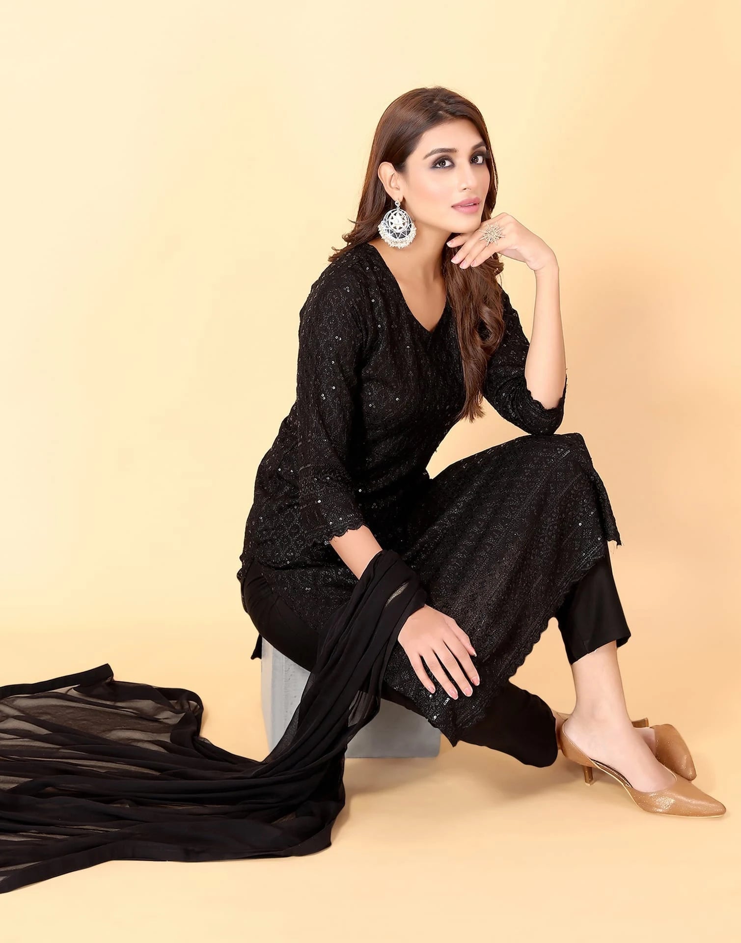 Black Rayon Straight Kurta Set with Sequence Embroidery under 1000