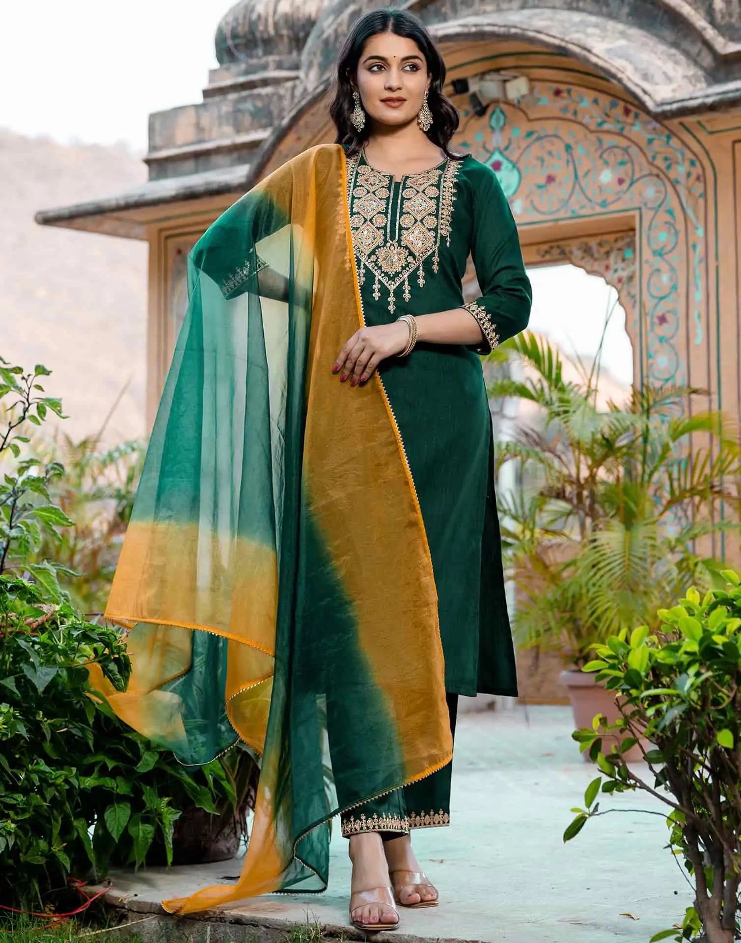 Dark Green Cotton Sequin and Embroidered Straight Kurta Set with Pant & Dupatta for Women