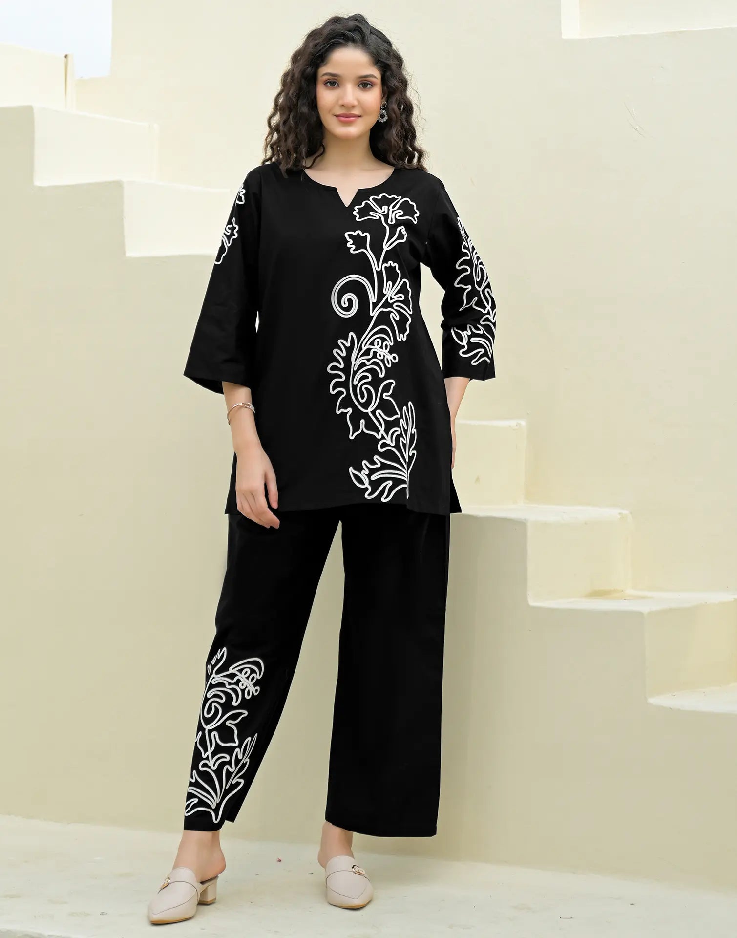Skylee Cotton Embroidered Round Neck Co-ord Set For Woman