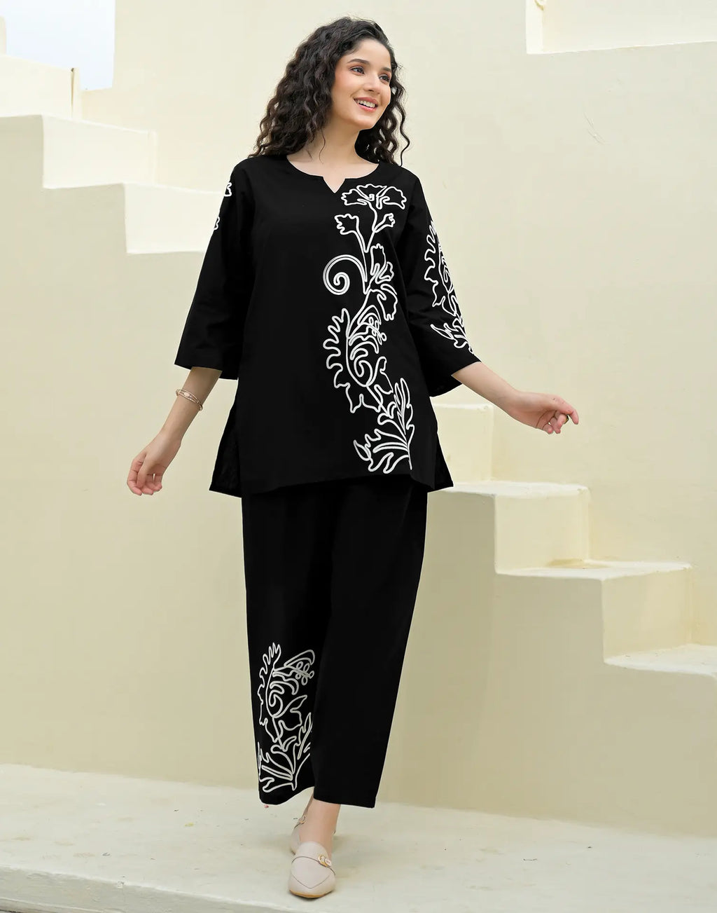 Skylee Cotton Embroidered Round Neck Co-ord Set For Woman