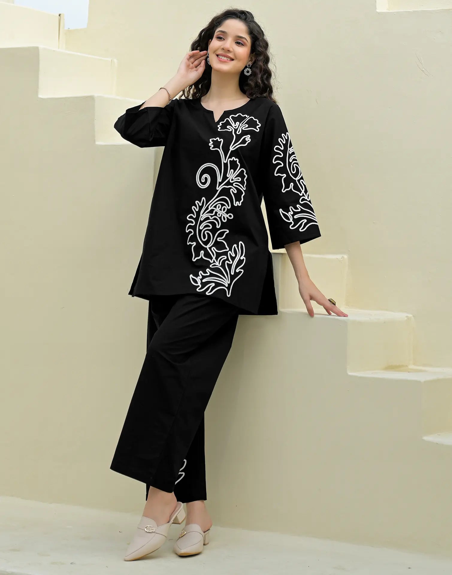 Skylee Cotton Embroidered Round Neck Co-ord Set For Woman