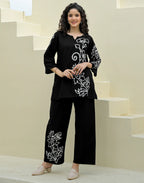 Skylee Cotton Embroidered Round Neck Co-ord Set For Woman