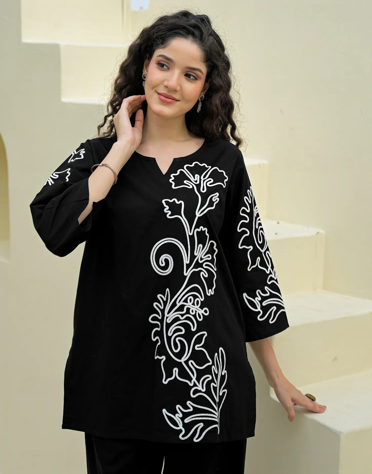 Skylee Cotton Embroidered Round Neck Co-ord Set For Woman