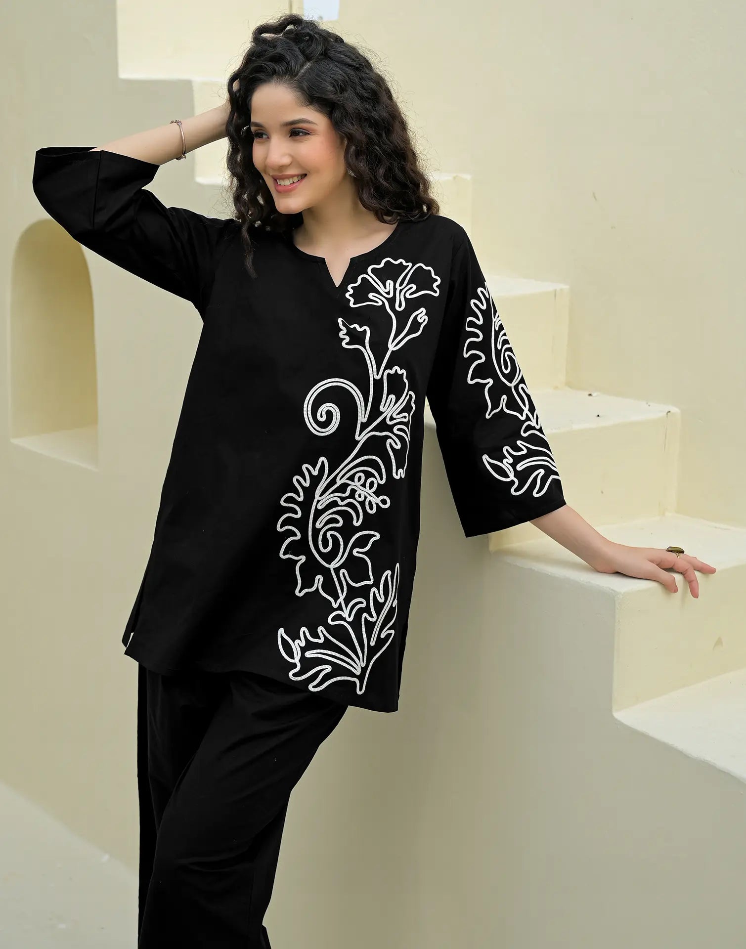 Skylee Cotton Embroidered Round Neck Co-ord Set For Woman