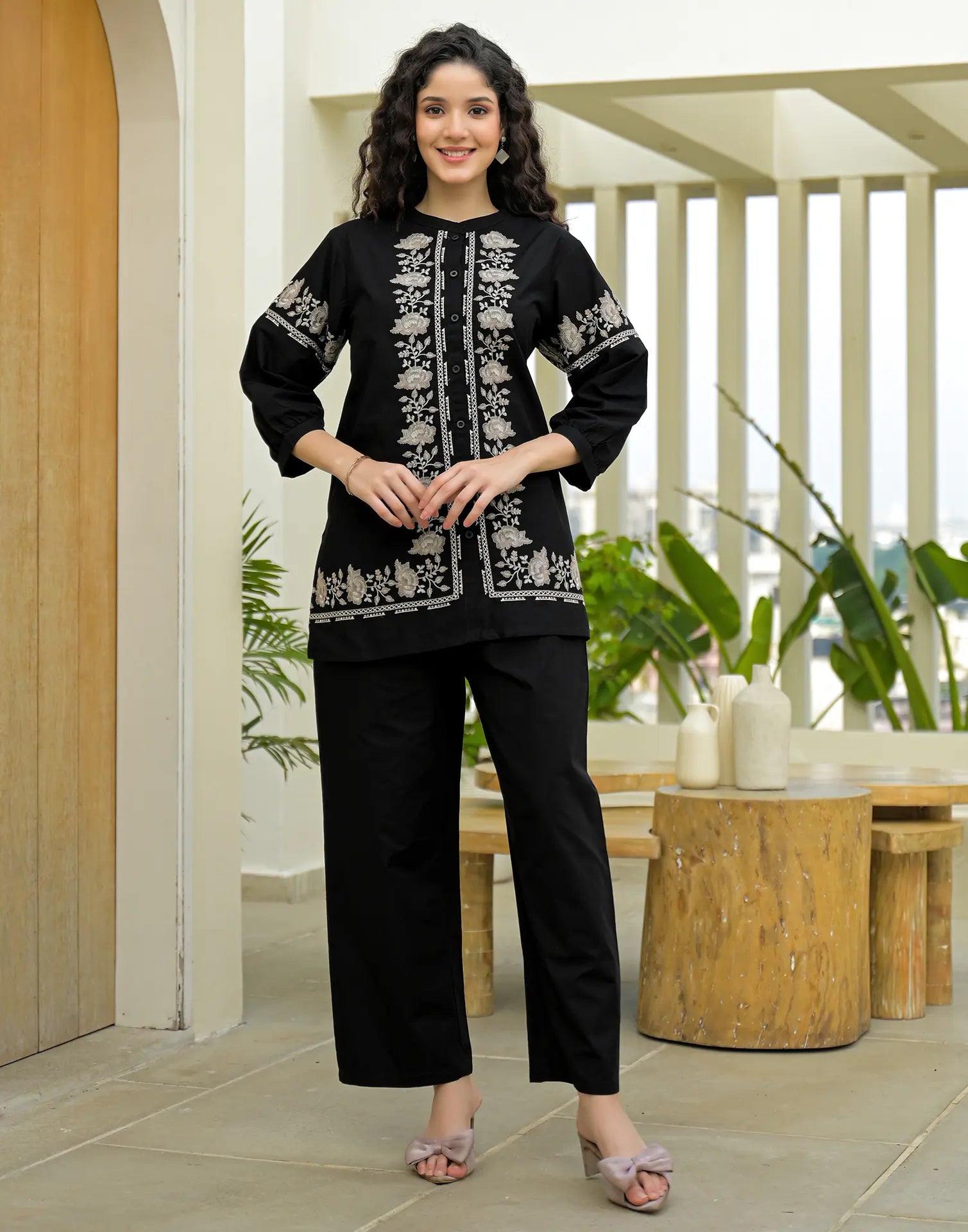 Skylee Cotton Embroidered Mandarin Collar Co-ord Set For Woman