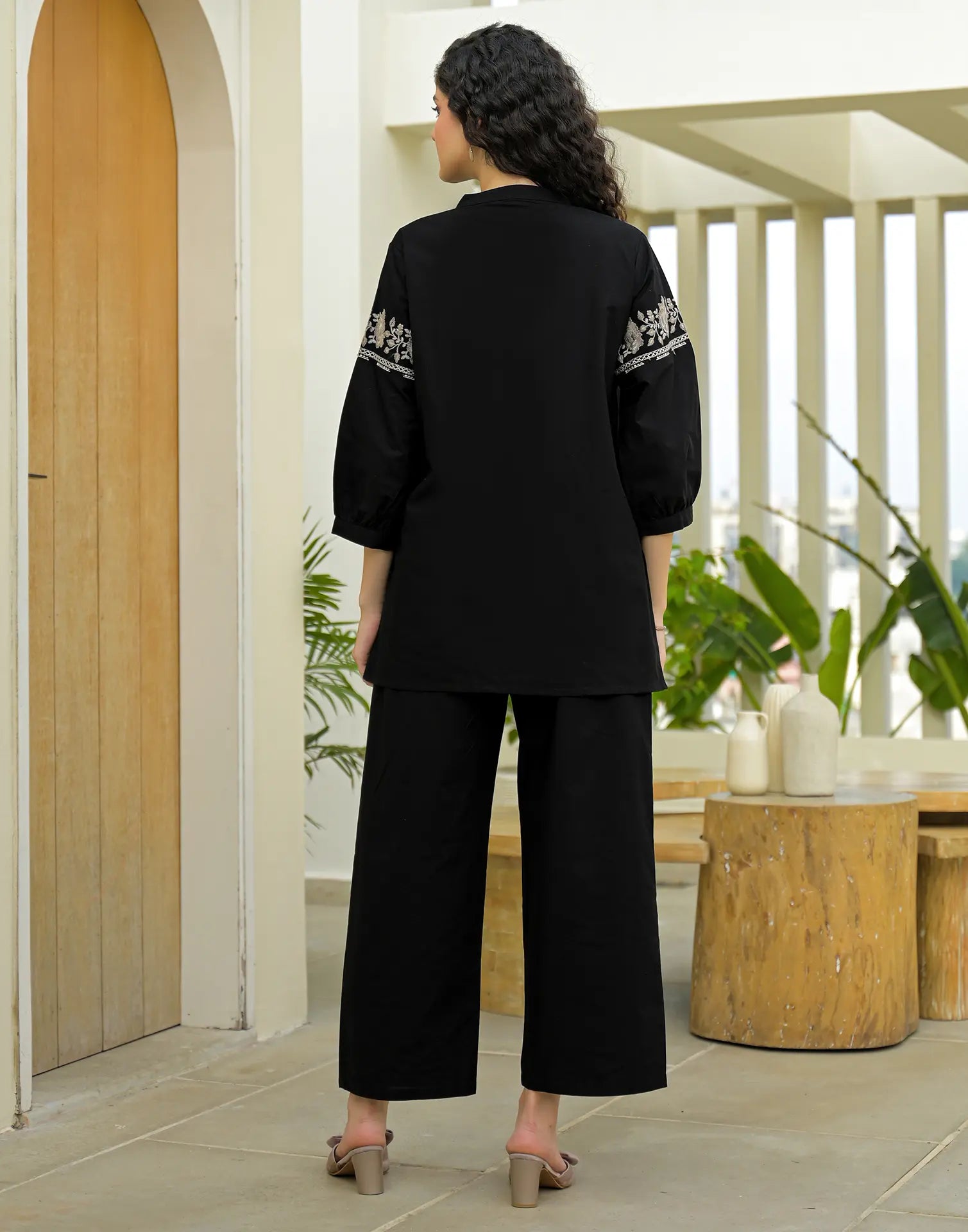 Skylee Cotton Embroidered Mandarin Collar Co-ord Set For Woman