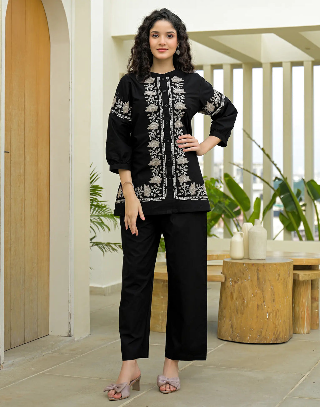 Skylee Cotton Embroidered Mandarin Collar Co-ord Set For Woman