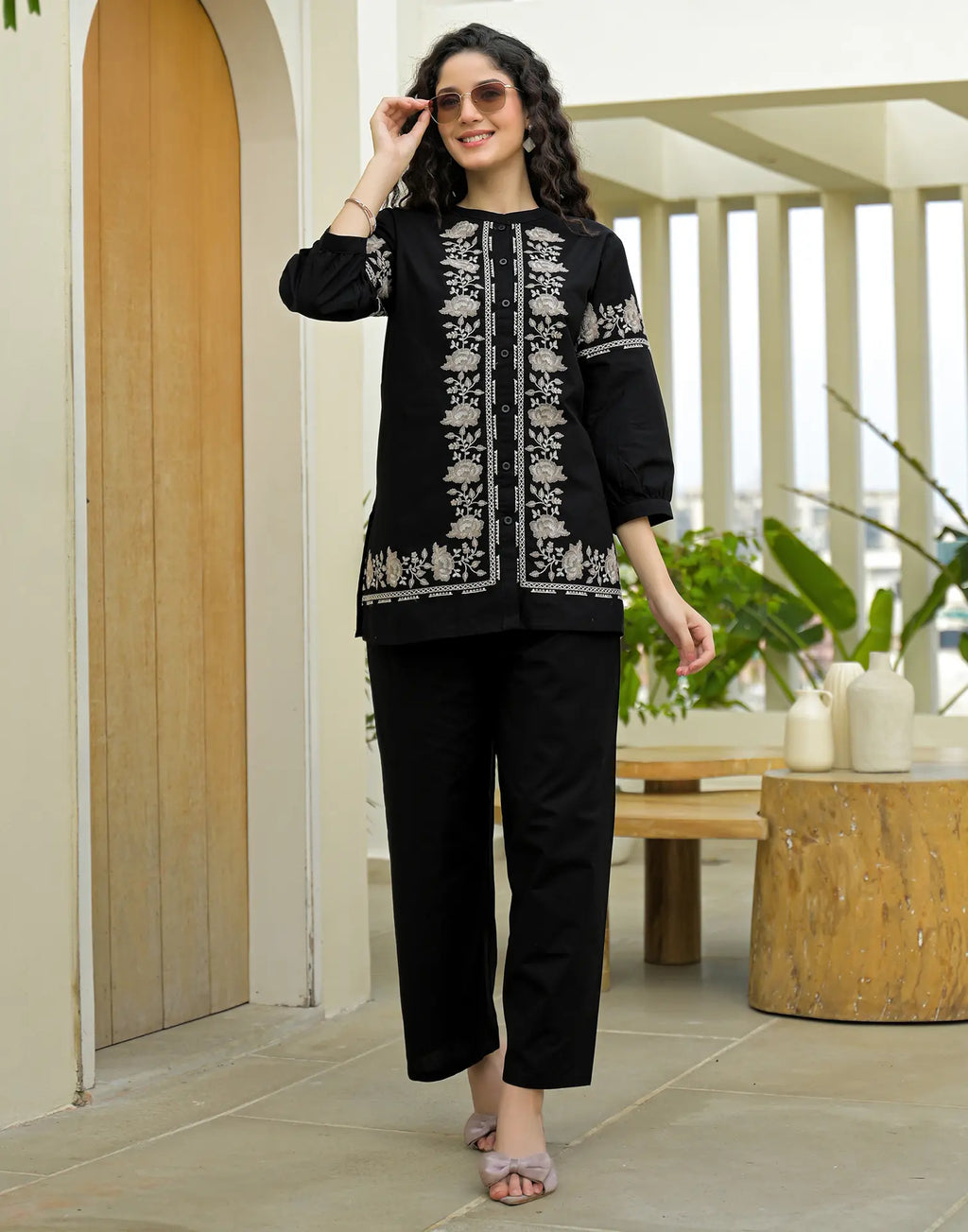 Skylee Cotton Embroidered Mandarin Collar Co-ord Set For Woman