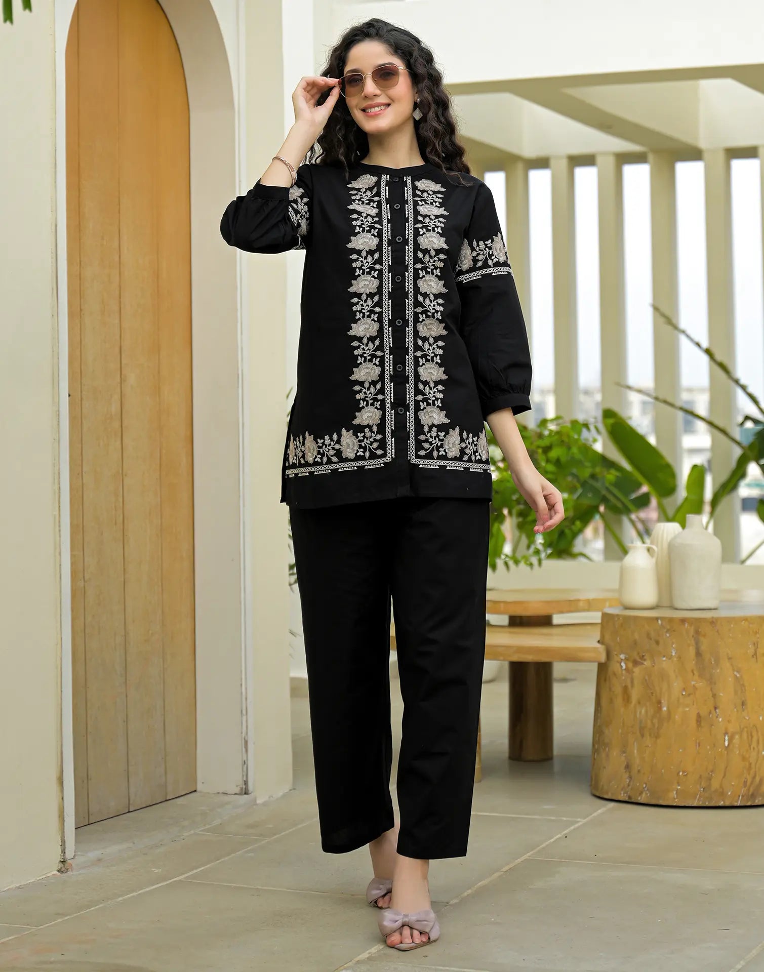 Skylee Cotton Embroidered Mandarin Collar Co-ord Set For Woman