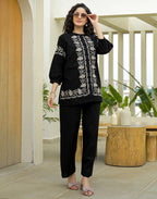 Skylee Cotton Embroidered Mandarin Collar Co-ord Set For Woman