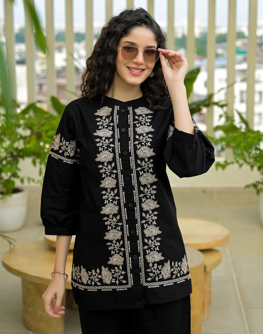Cotton Embroidered Mandarin Collar Co-ord Set