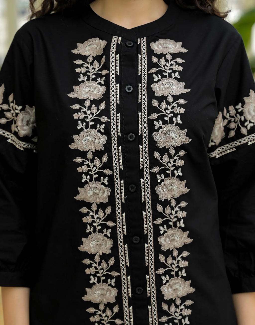 Skylee Cotton Embroidered Mandarin Collar Co-ord Set For Woman