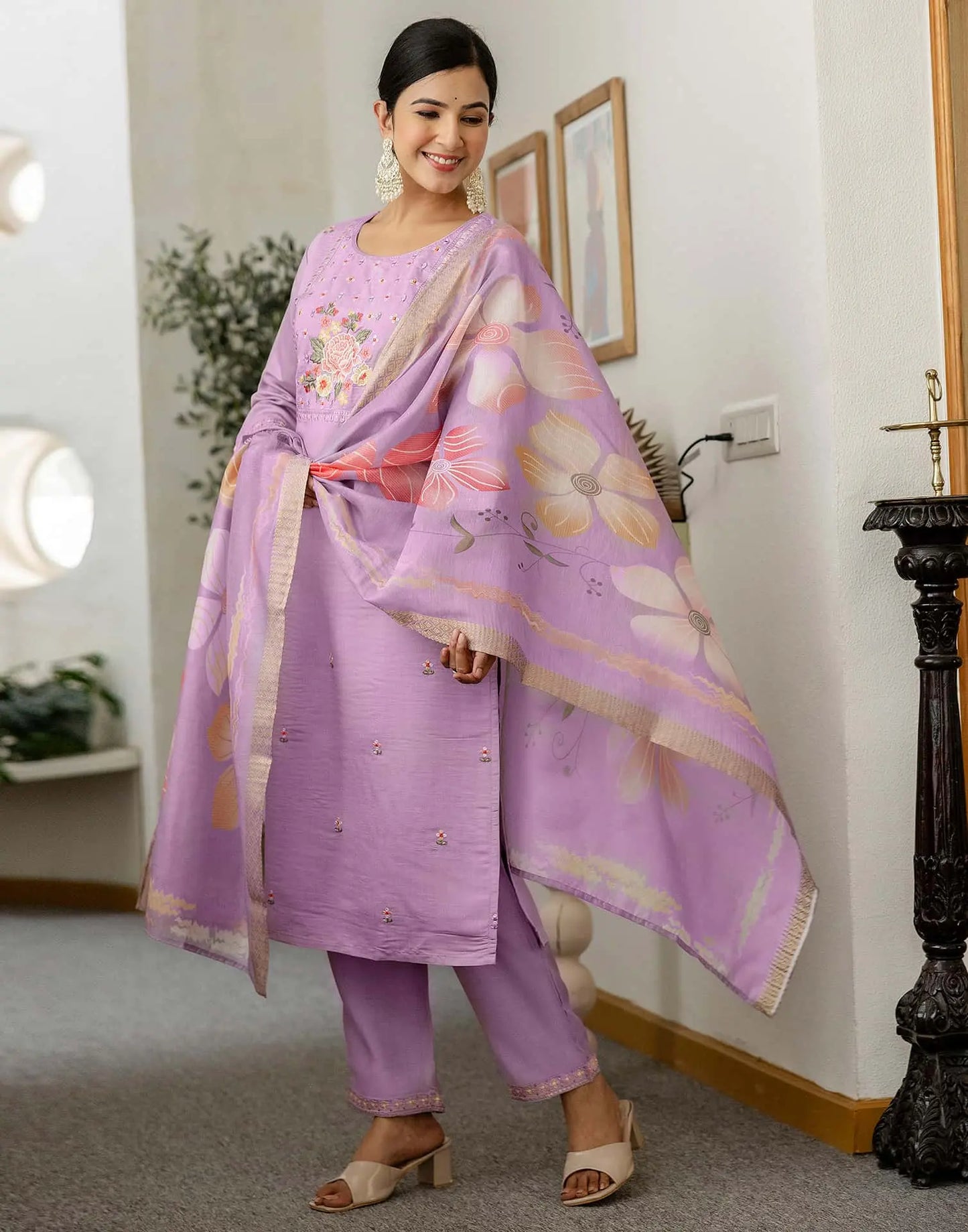 skylee Affordable Purple Silk Embroidered Round-Neck Straight Kurti with Pant & Dupatta under 999