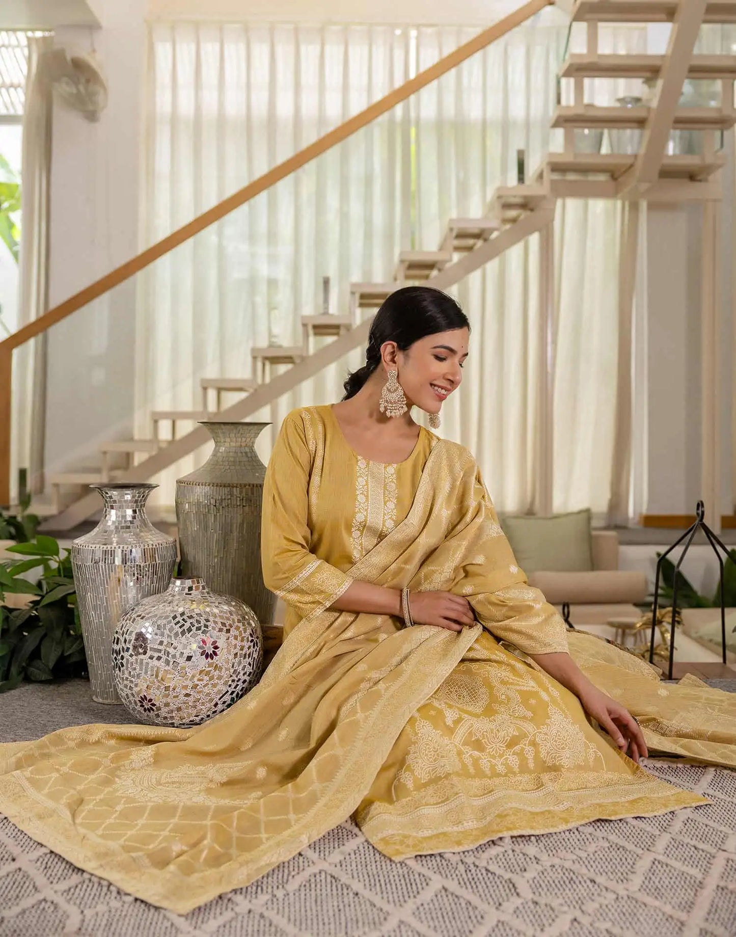 Affordable Beige Cotton Woven Straight Kurta Set Round-Neck Woven Cotton Kurti with Pant & Dupatta