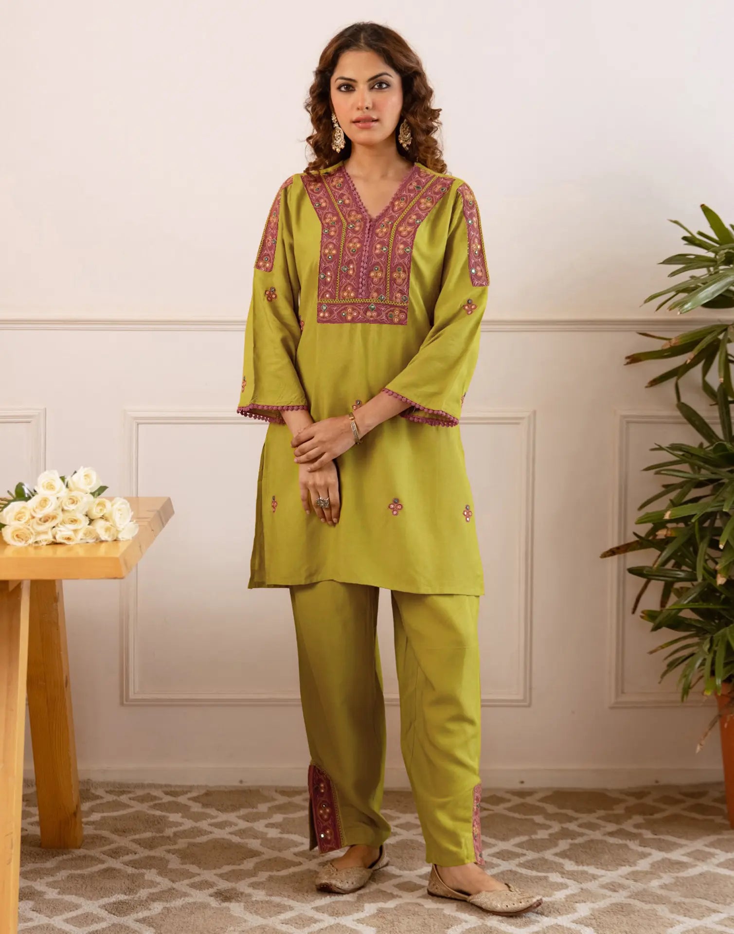 Skylee Rayon Embroidered V-Neck Co-ord Set For Woman