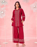 Dark Red Embroidered Cotton Spread Neck Co-ords Set