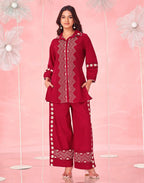 Dark Red Embroidered Cotton Spread Neck Co-ords Set