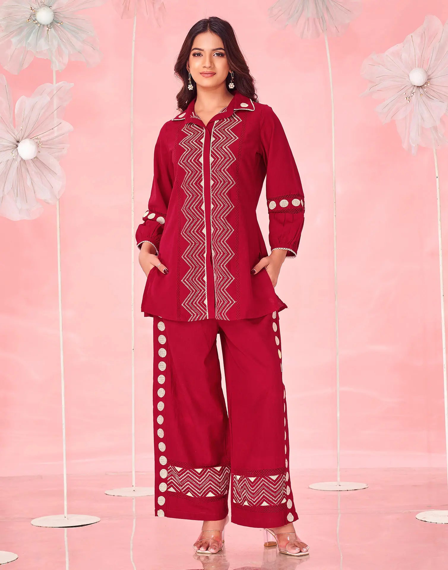 Dark Red Embroidered Cotton Spread Neck Co-ords Set