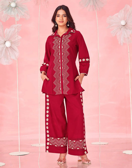 Dark Red Embroidered Cotton Spread Neck Co-ords Set
