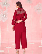 Dark Red Embroidered Cotton Spread Neck Co-ords Set