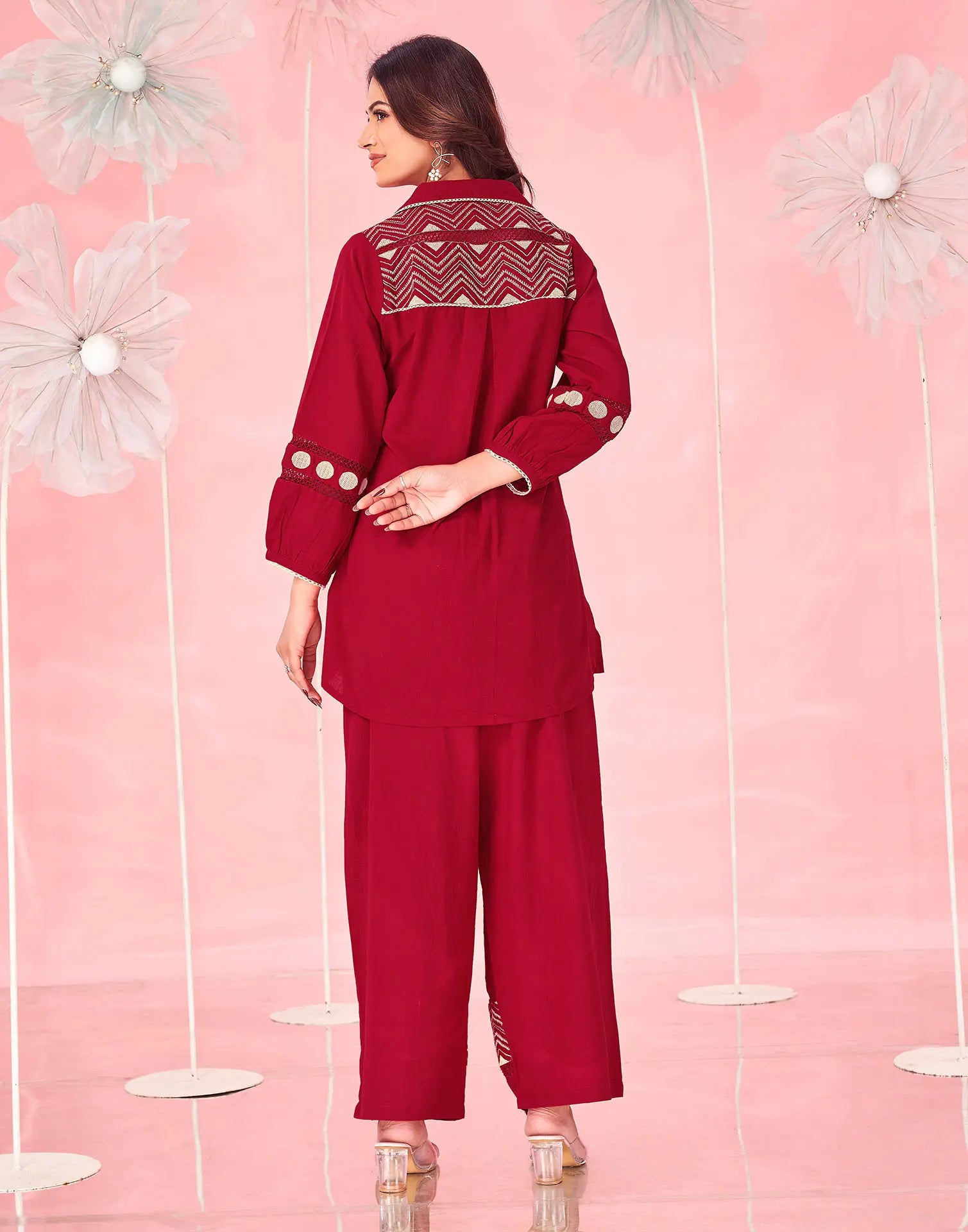 Dark Red Embroidered Cotton Spread Neck Co-ords Set