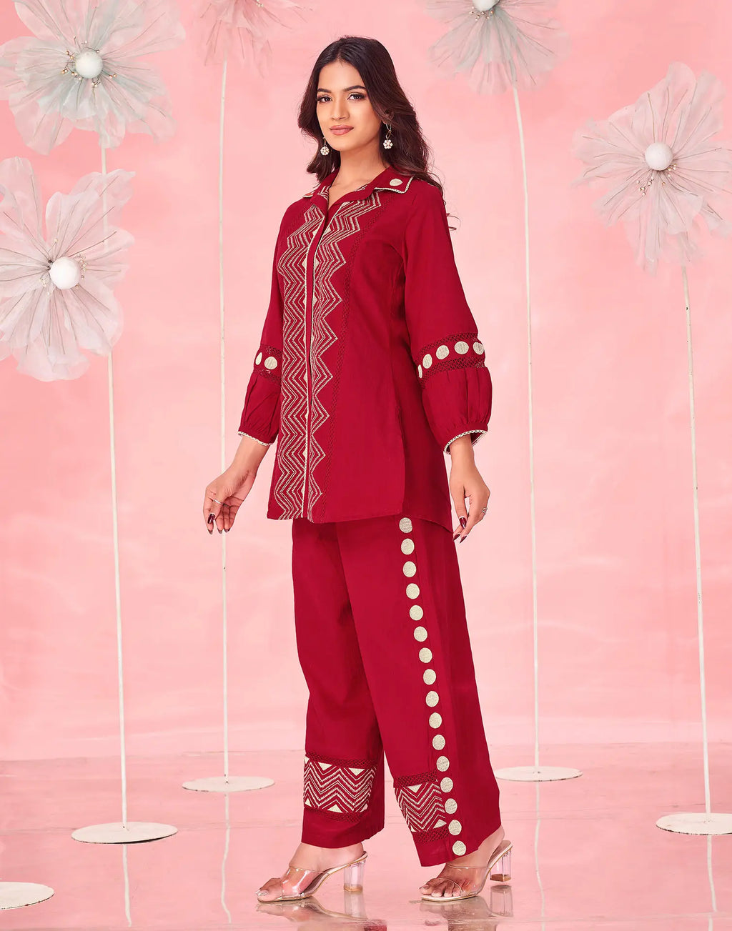 Dark Red Embroidered Cotton Spread Neck Co-ords Set