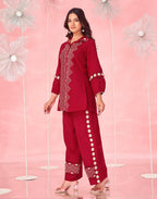 Dark Red Embroidered Cotton Spread Neck Co-ords Set