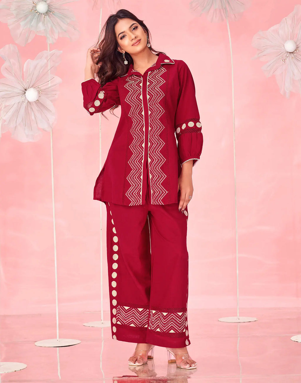 Dark Red Embroidered Cotton Spread Neck Co-ords Set