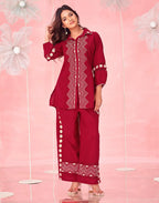 Dark Red Embroidered Cotton Spread Neck Co-ords Set