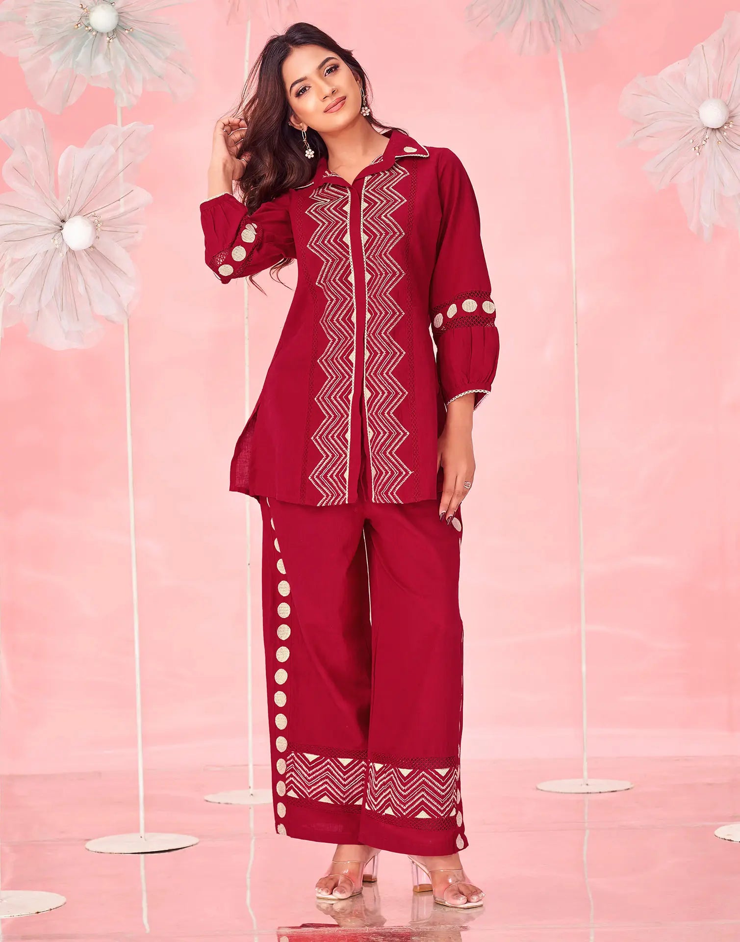 Dark Red Embroidered Cotton Spread Neck Co-ords Set