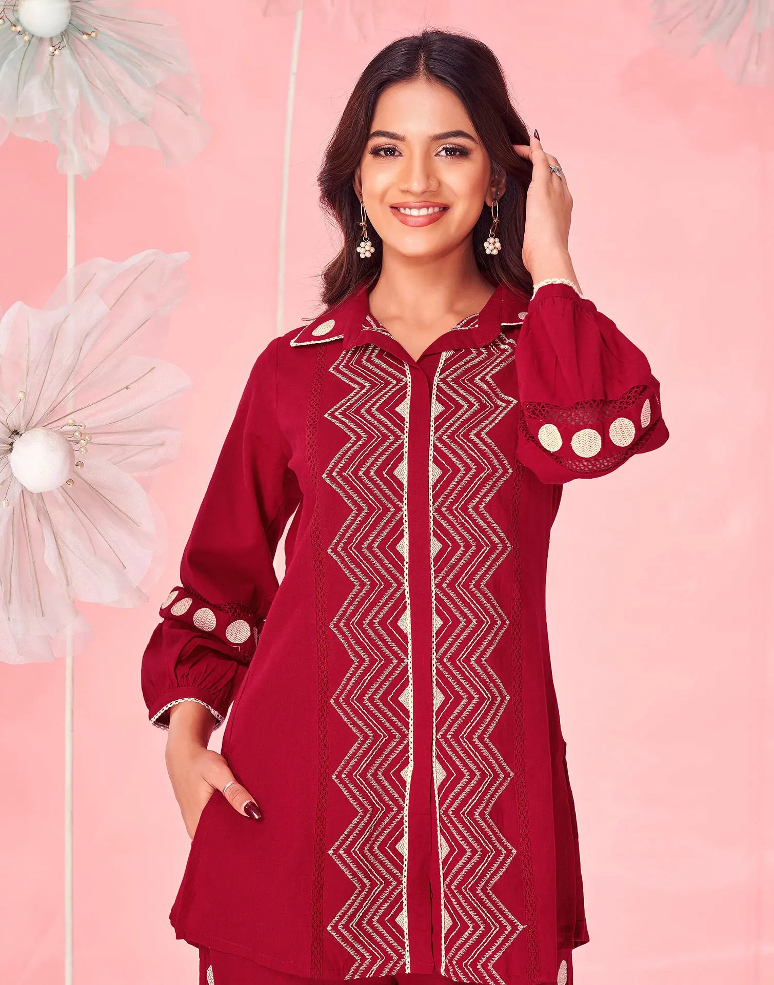 Dark Red Embroidered Cotton Spread Neck Co-ords Set