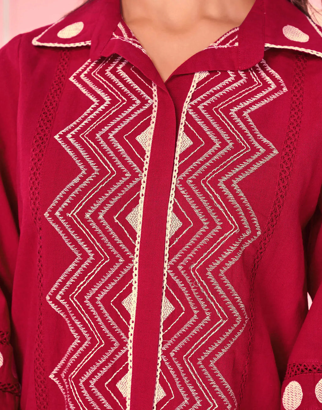 Dark Red Embroidered Cotton Spread Neck Co-ords Set