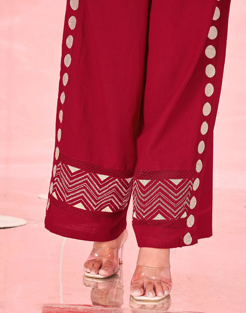 Dark Red Embroidered Cotton Spread Neck Co-ords Set