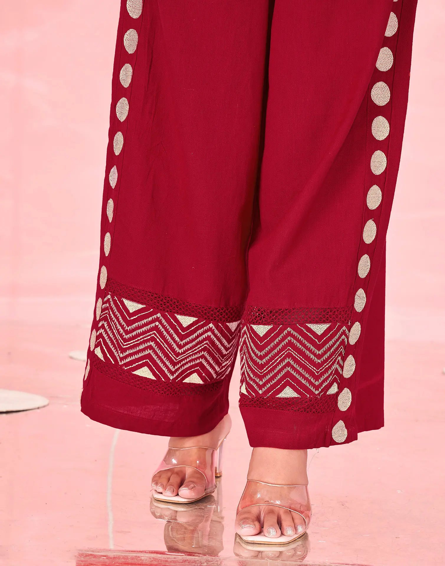 Dark Red Embroidered Cotton Spread Neck Co-ords Set