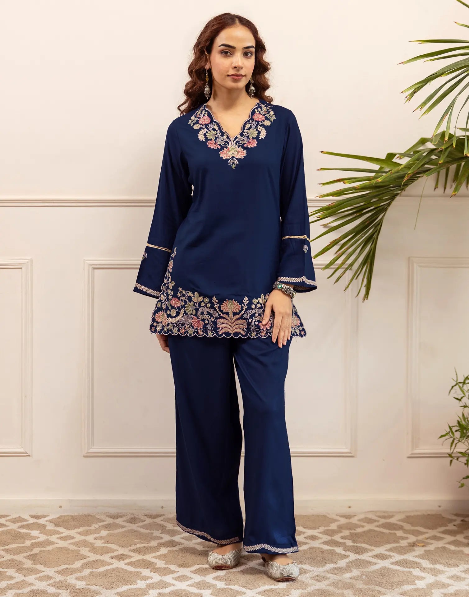 Skylee Rayon Embroidered V-Neck Co-ord Set For Woman