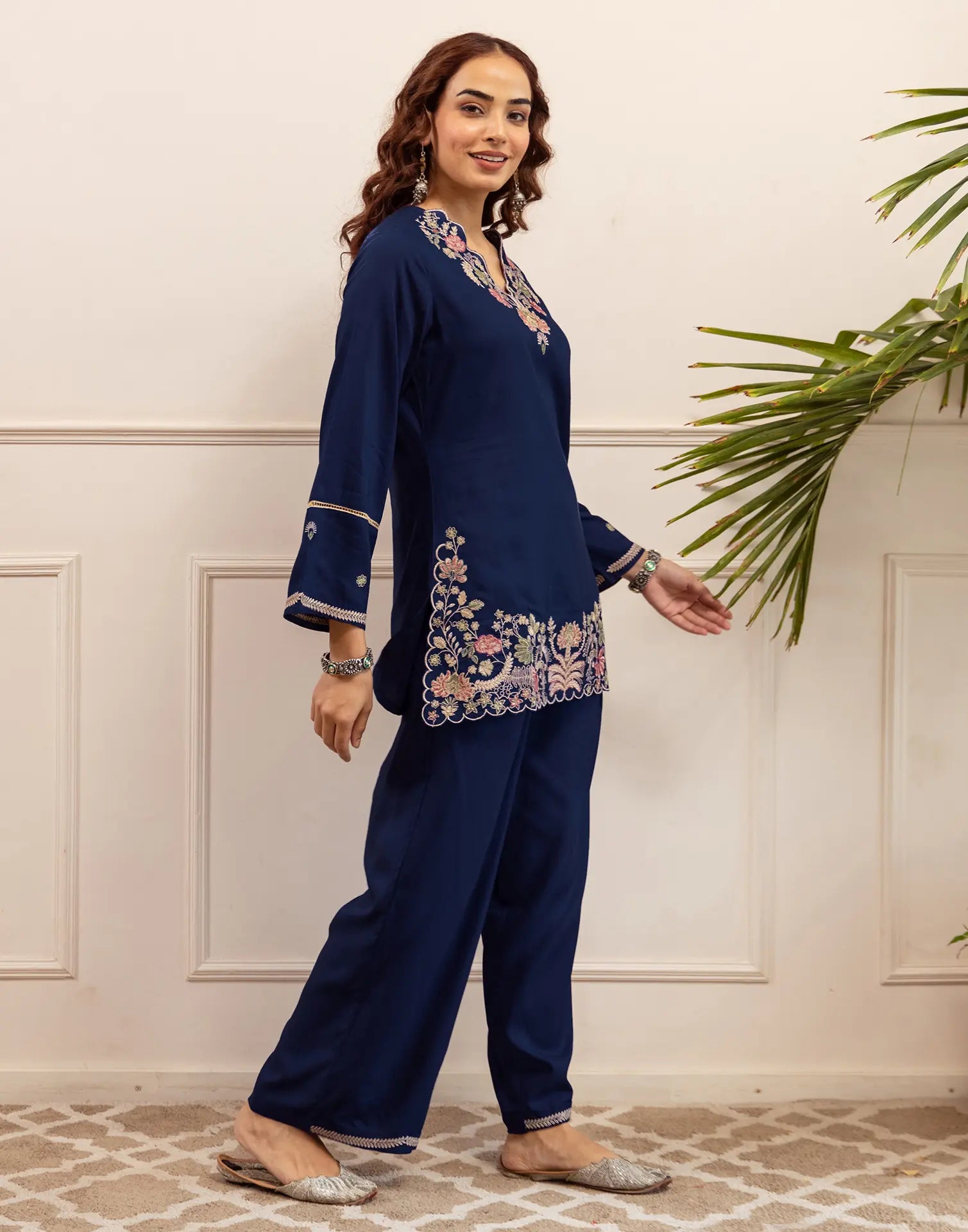 Skylee Rayon Embroidered V-Neck Co-ord Set For Woman