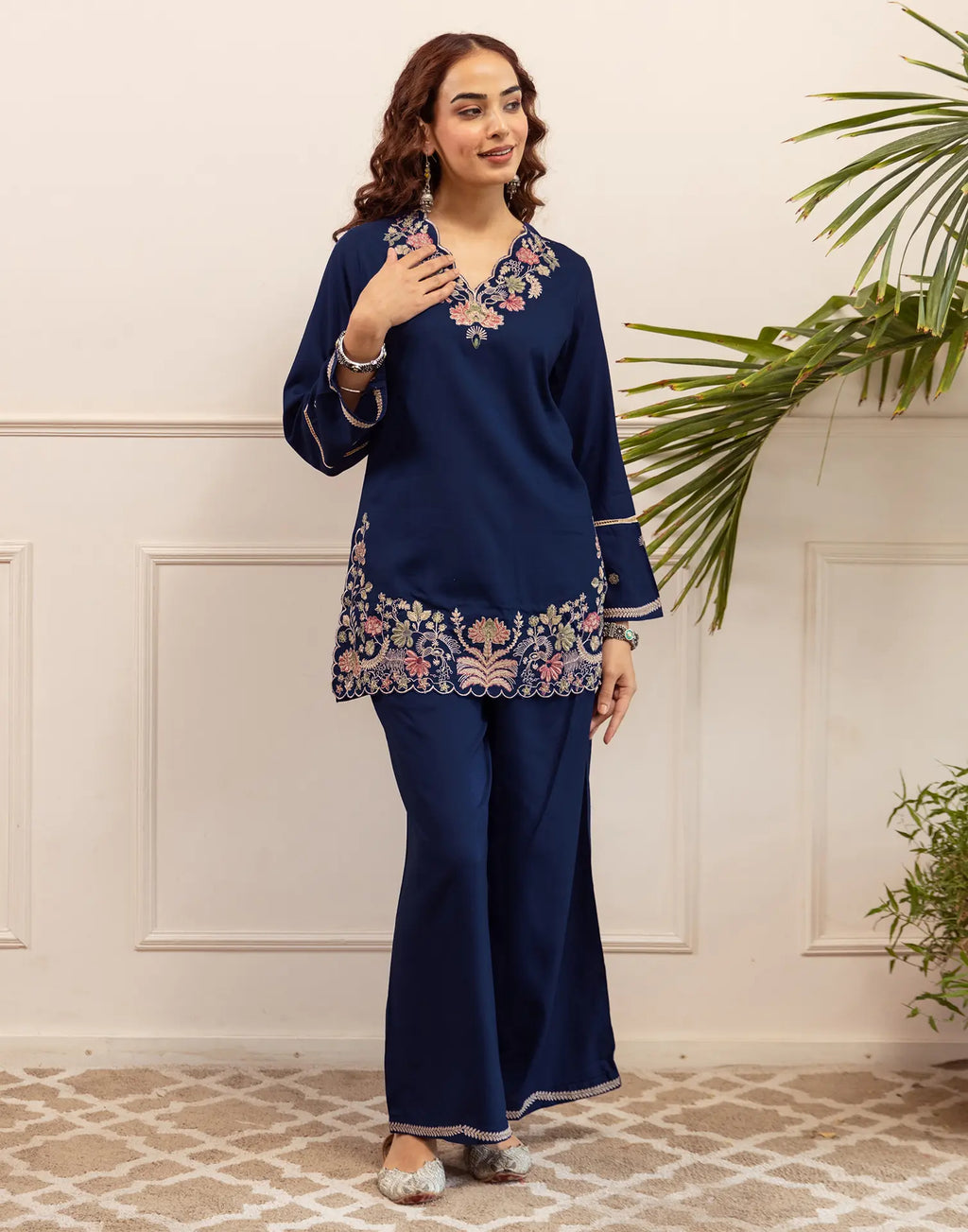 Skylee Rayon Embroidered V-Neck Co-ord Set For Woman