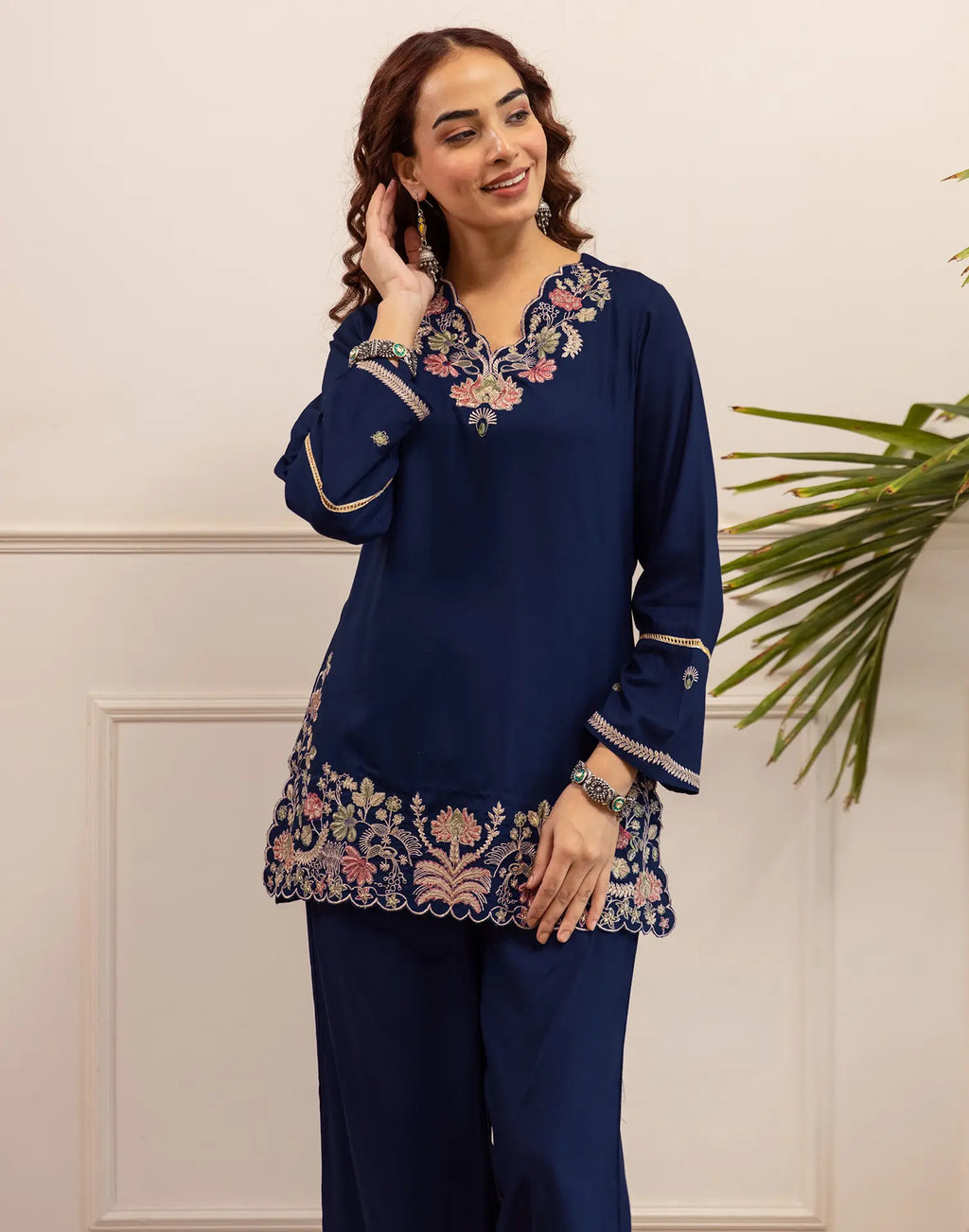 Skylee Rayon Embroidered V-Neck Co-ord Set For Woman
