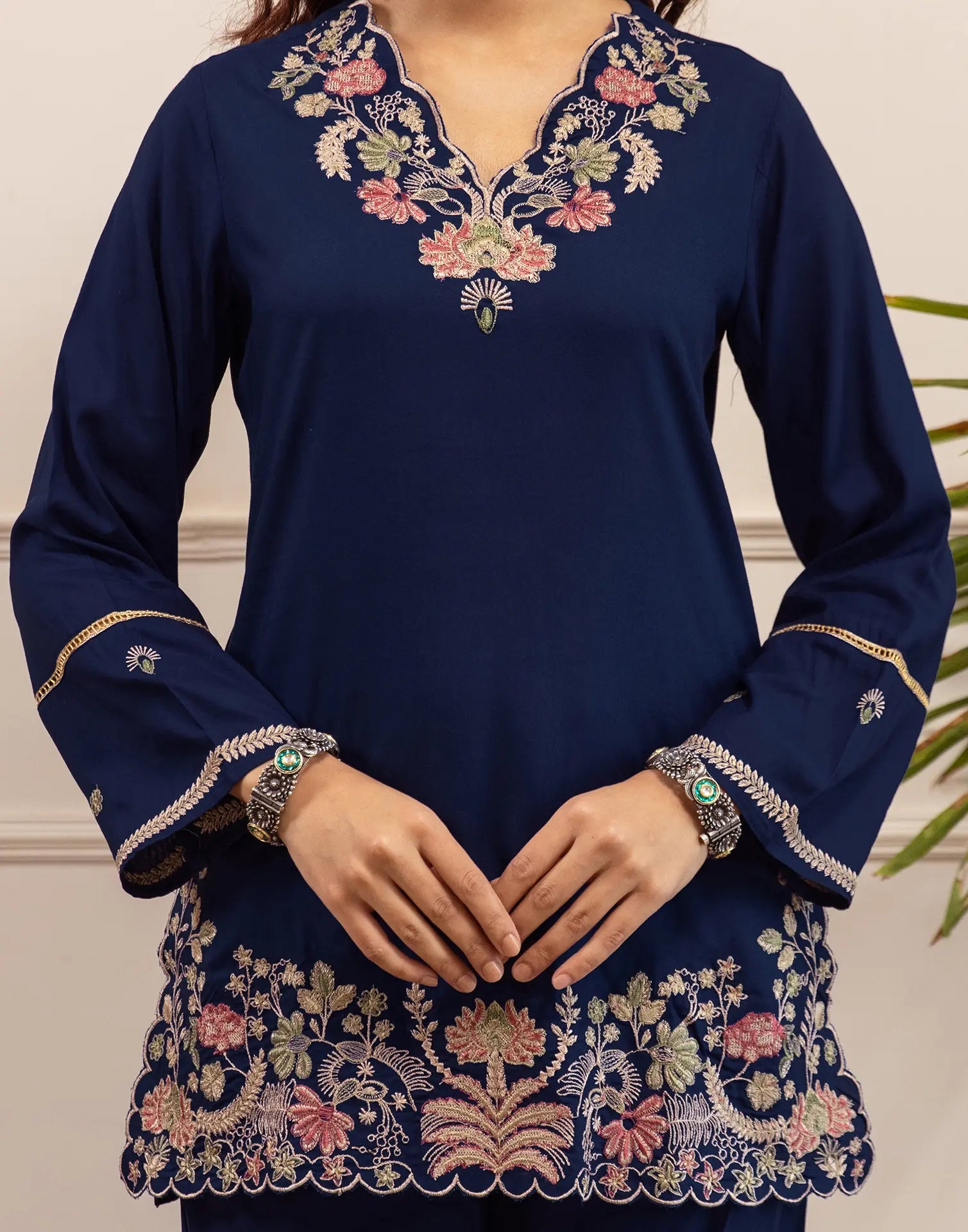 Skylee Rayon Embroidered V-Neck Co-ord Set For Woman