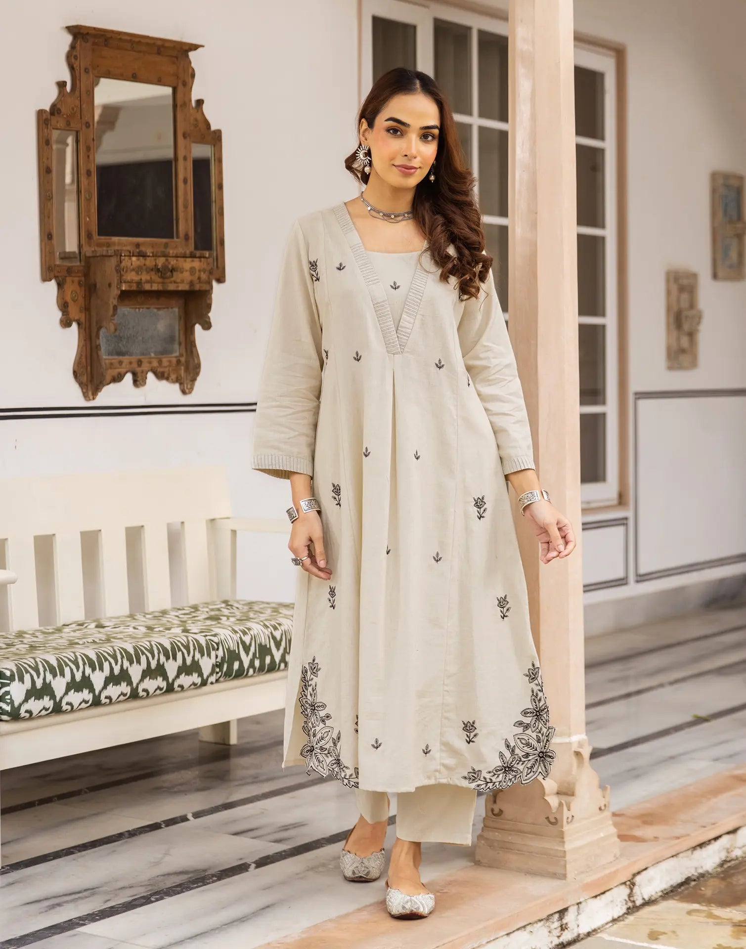 Skylee Cotton Embroidered Square Neck Co-ord Set For Woman