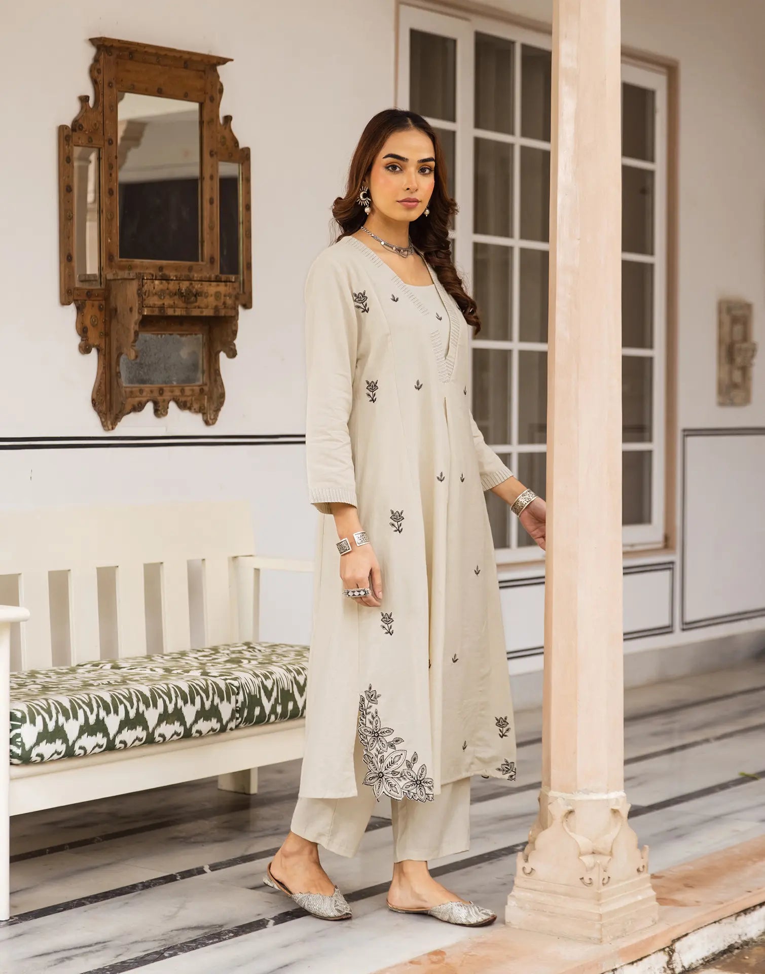 Skylee Cotton Embroidered Square Neck Co-ord Set For Woman