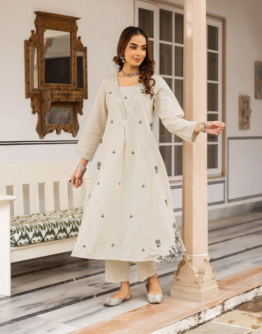 Soft Beige Deep V-Neck Embroidered A-Line Co-ords