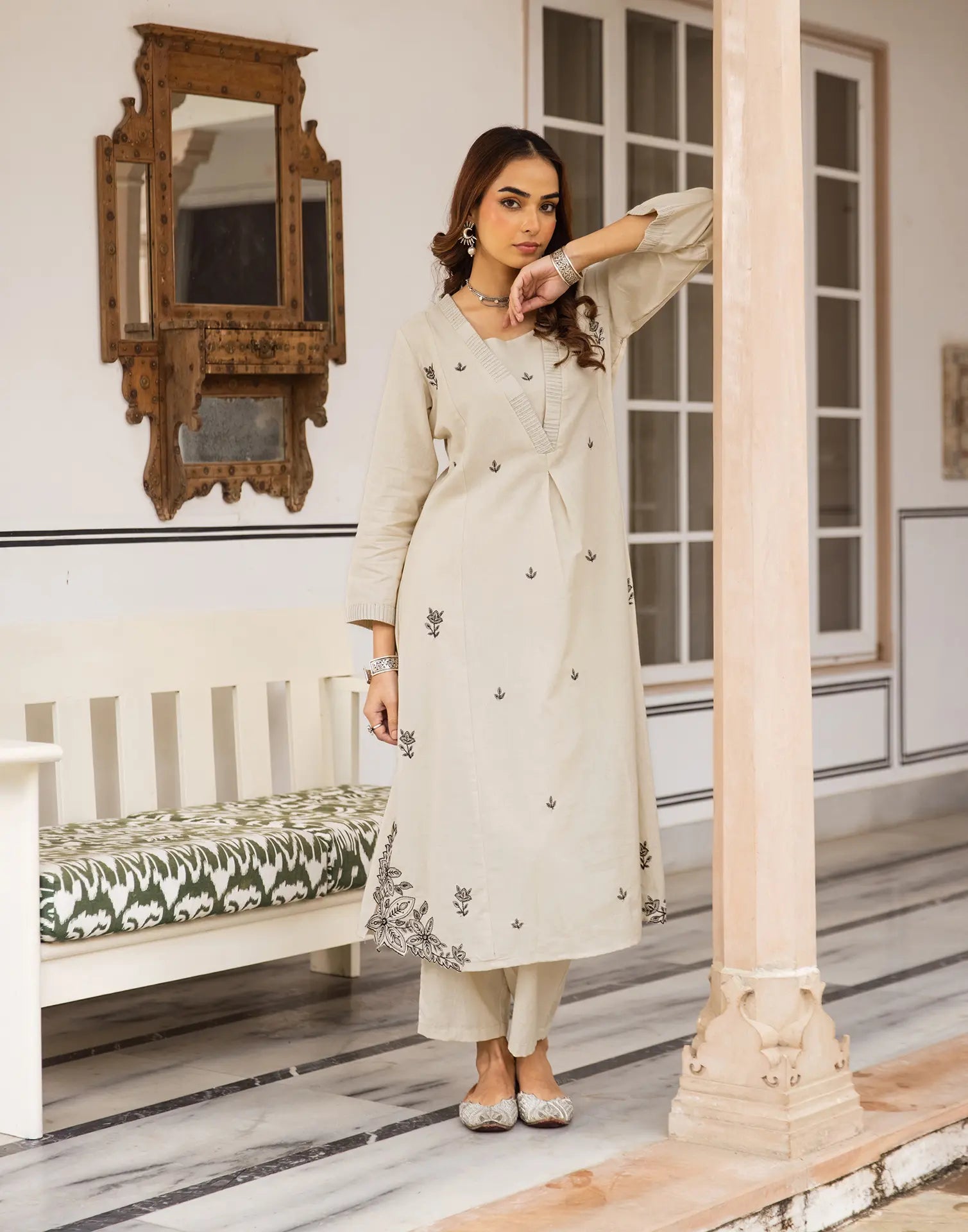Skylee Cotton Embroidered Square Neck Co-ord Set For Woman