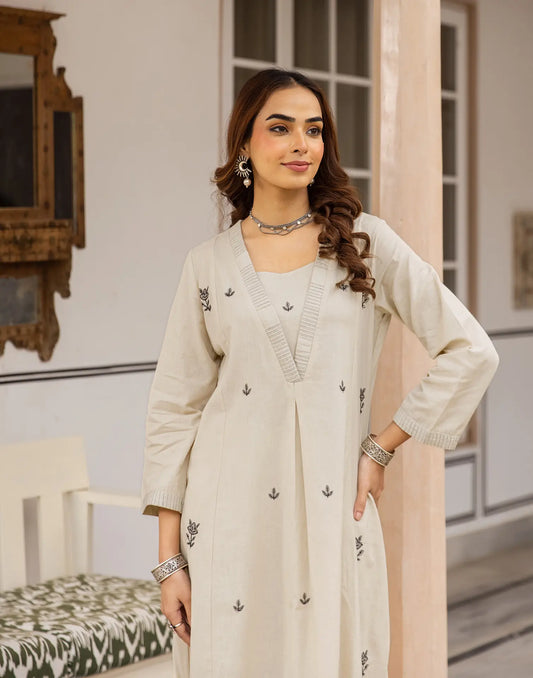 Soft Beige Deep V-Neck Embroidered A-Line Co-ords