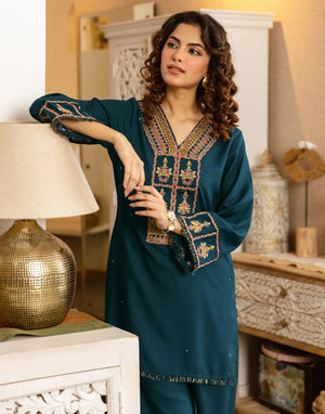 Deep Teal Blue V Neck Multicolour Thread Embroidery Straight Co Ord Set