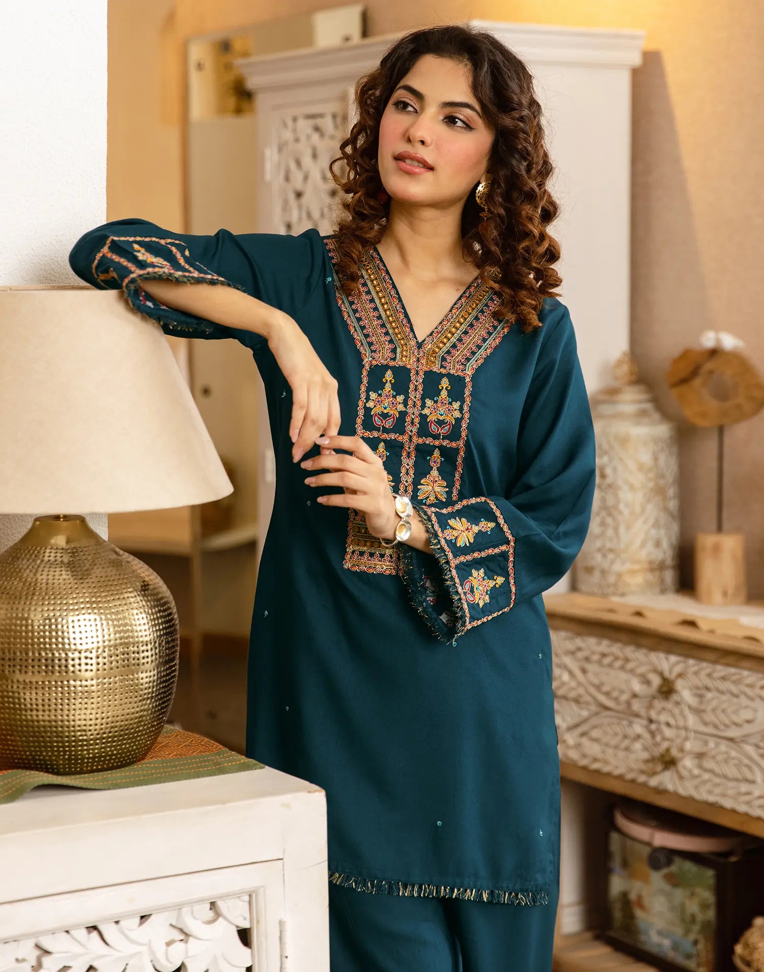 Skylee Rayon Embroidered V-Neck Co-ord Set For Woman