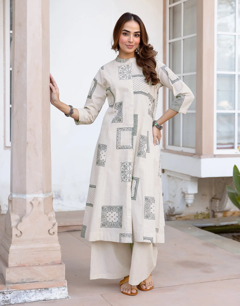 Skylee Cotton Printed Mandarin Collar Co-ord Set For Woman