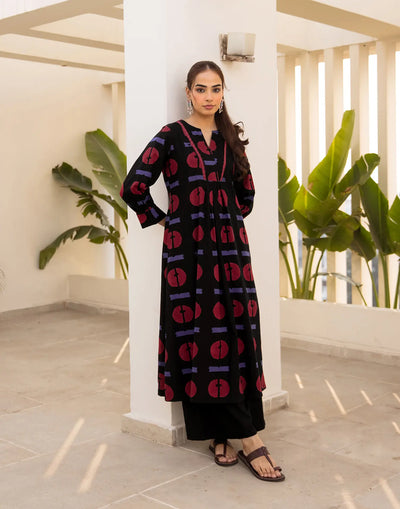 Jet Black Notched Round Neck Printed A-Line Co-ords