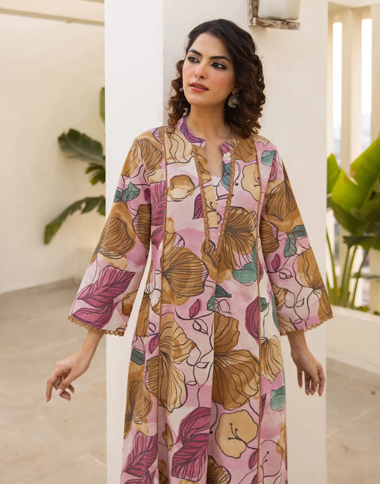 Blush Pink Mandarin Collar V-Neck Abstract Floral Print A-Line Co-ords