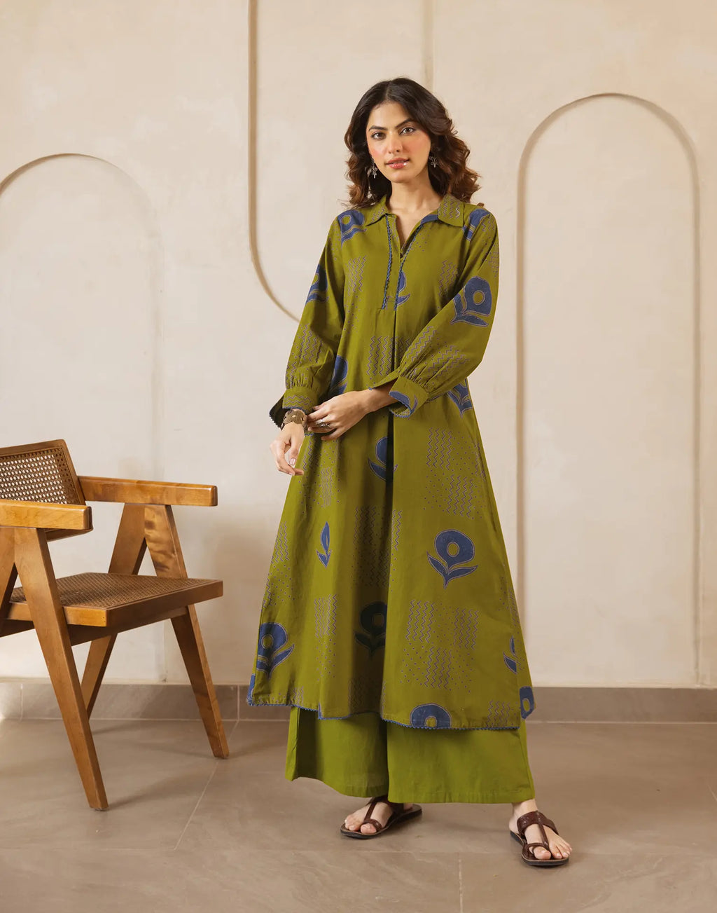 Citrine Green Collared Neck Printed A-Line Ethnic Co-ord Set